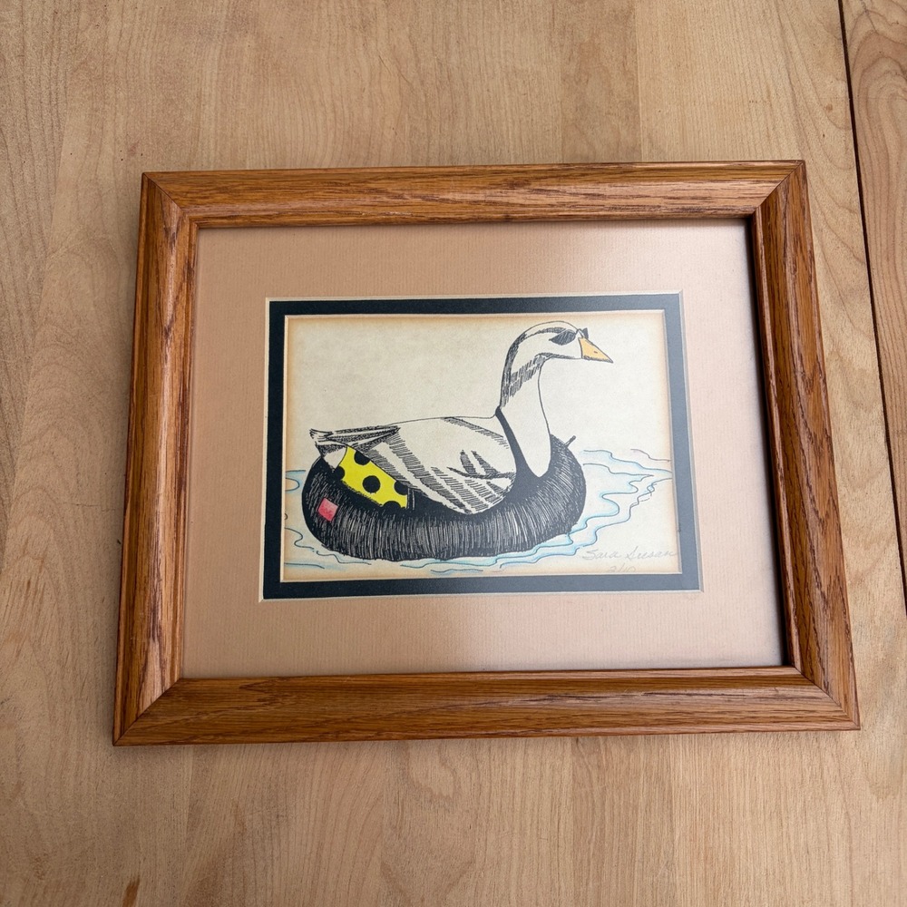 Whimsical Duck Floating In Tube Art Print Framed Signed Sara Susan 2/10